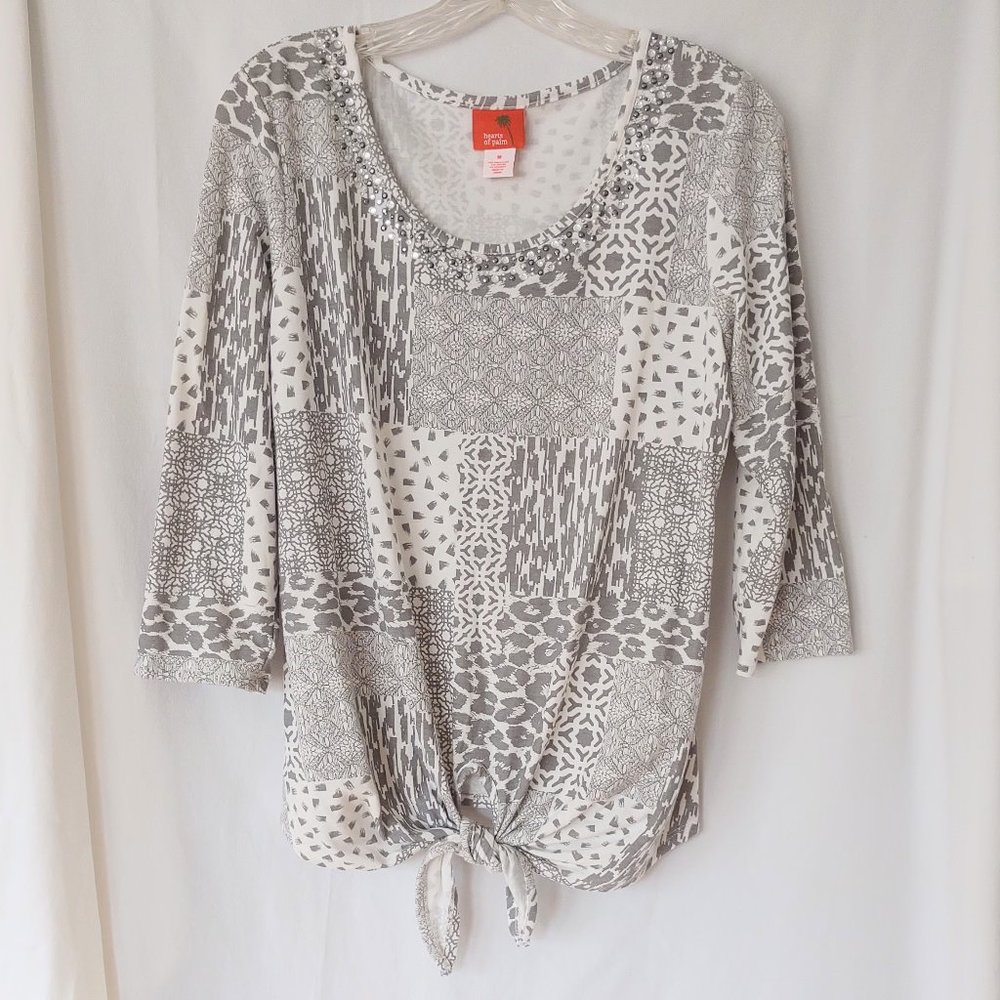 SALE Hearts of Palm Embellished 3/4 Sleeve Knit Top M Medium Tie Bottom EUC